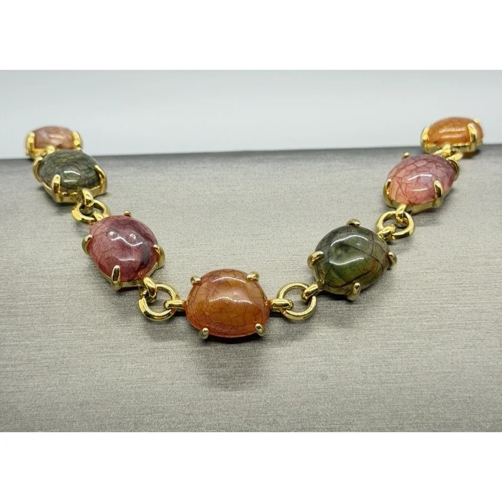 Liz Claiborne Acrylic Bracelet Gold Tone Link Multicolor Cabochon Chunky Vintage - Picture 11 of 13